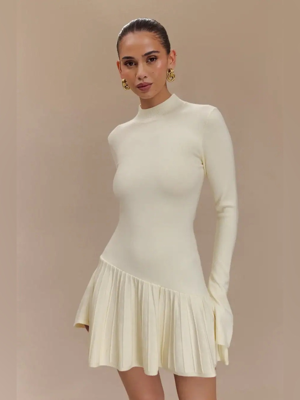 Meshki Cream Long-Sleeve Mock Neck Ruffled Pleated-Hem Mini Dress